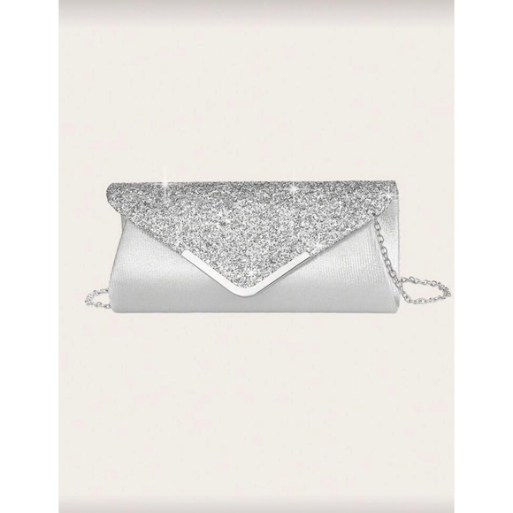 Silver Glitter Evening Clutch and Rhinestone Jewelry Set Wedding Prom 4-Piece